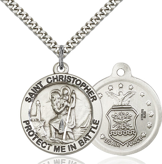 Sterling Silver Saint Christopher Air Force Pendant on a 24 inch Light Rhodium Heavy Curb chain