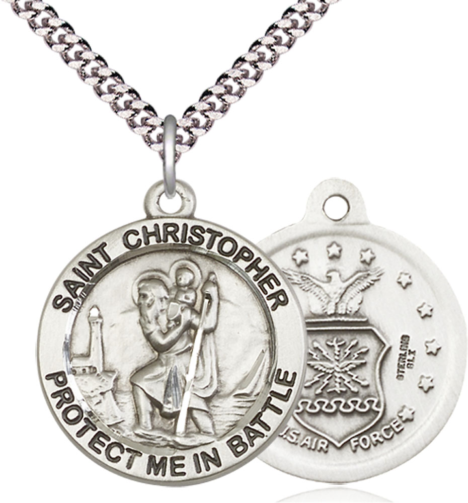 Sterling Silver Saint Christopher Air Force Pendant on a 24 inch Light Rhodium Heavy Curb chain
