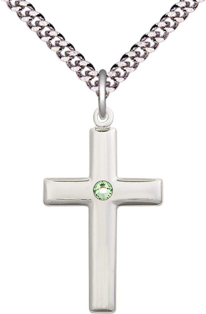 Sterling Silver Cross Pendant with a 3mm Peridot Swarovski stone on a 24 inch Light Rhodium Heavy Curb chain