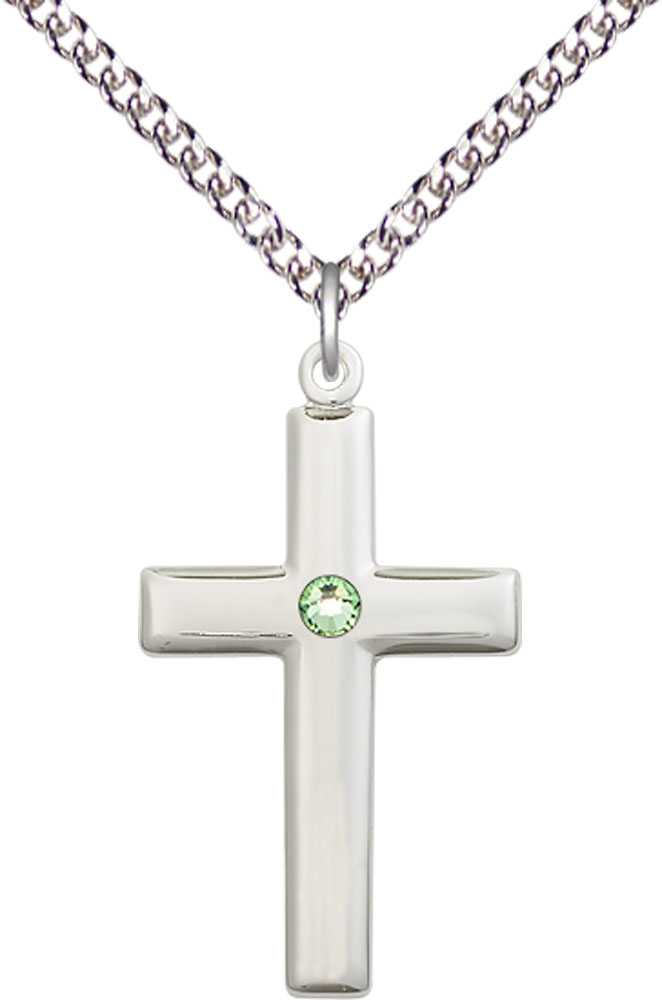 Sterling Silver Cross Pendant with a 3mm Peridot Swarovski stone on a 24 inch Sterling Silver Heavy Curb chain