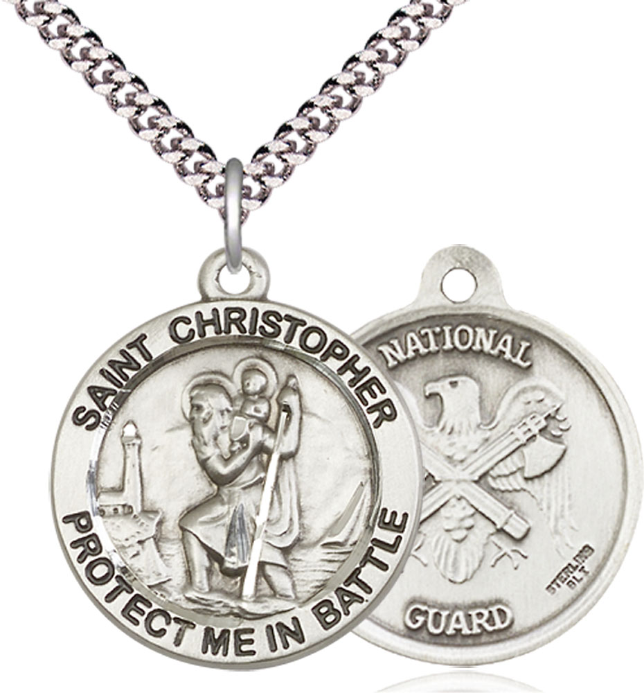 Sterling Silver Saint Christopher National Guard Pendant on a 24 inch Light Rhodium Heavy Curb chain