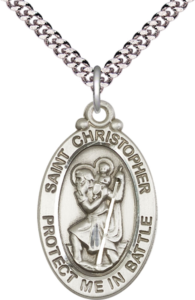 Sterling Silver Saint Christopher Pendant on a 24 inch Light Rhodium Heavy Curb chain