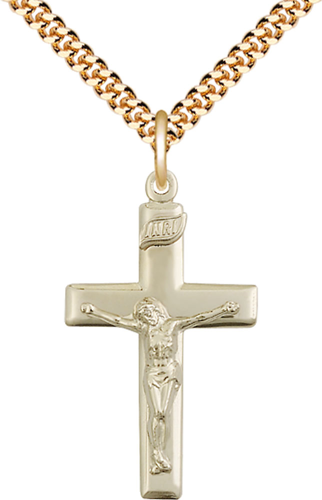 14kt Gold Filled Crucifix Pendant on a 24 inch Gold Plate Heavy Curb chain