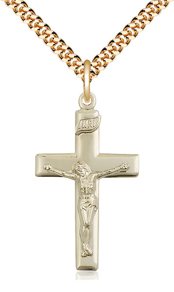 14kt Gold Filled Crucifix Pendant on a 24 inch Gold Plate Heavy Curb chain