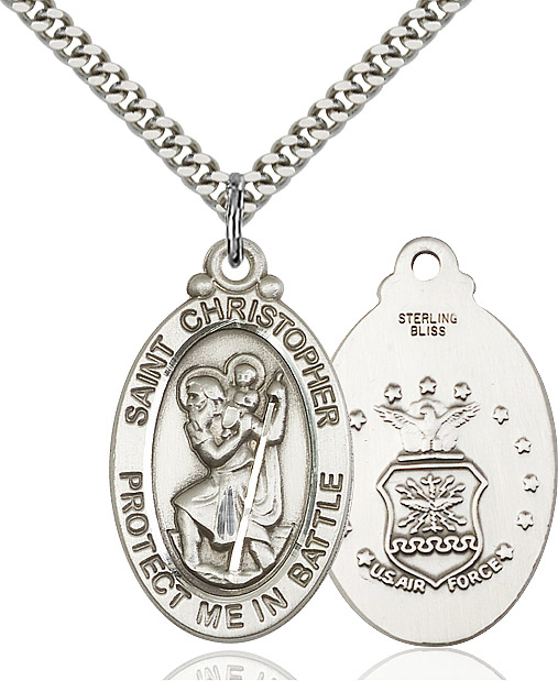 Sterling Silver Saint Christopher Air Force Pendant on a 24 inch Light Rhodium Heavy Curb chain