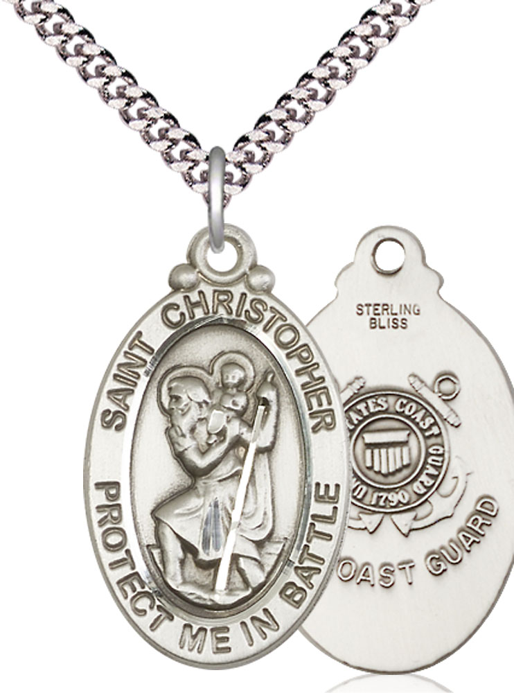 Sterling Silver Saint Christopher Coast Guard Pendant on a 24 inch Light Rhodium Heavy Curb chain