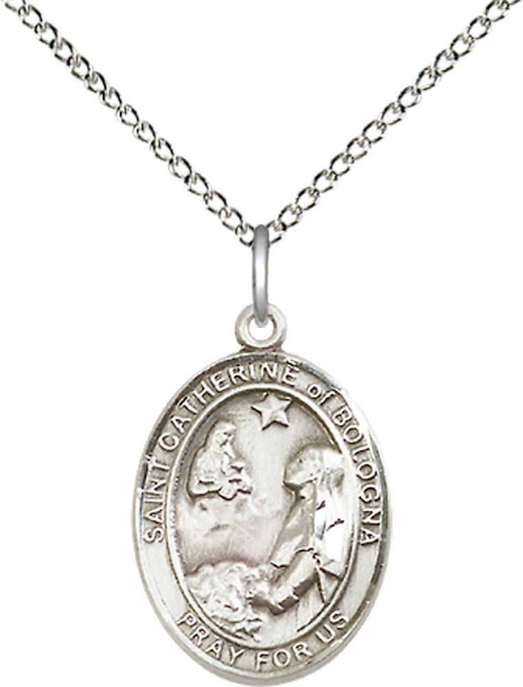 Sterling Silver Saint Catherine of Bologna Pendant on a 18 inch Sterling Silver Light Curb chain
