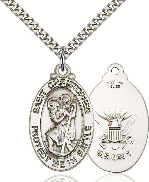 Sterling Silver Saint Christopher Navy Pendant on a 24 inch Light Rhodium Heavy Curb chain