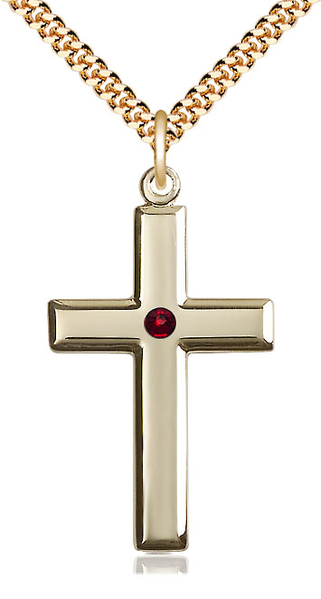 14kt Gold Filled Cross Pendant with a 3mm Garnet Swarovski stone on a 24 inch Gold Plate Heavy Curb chain