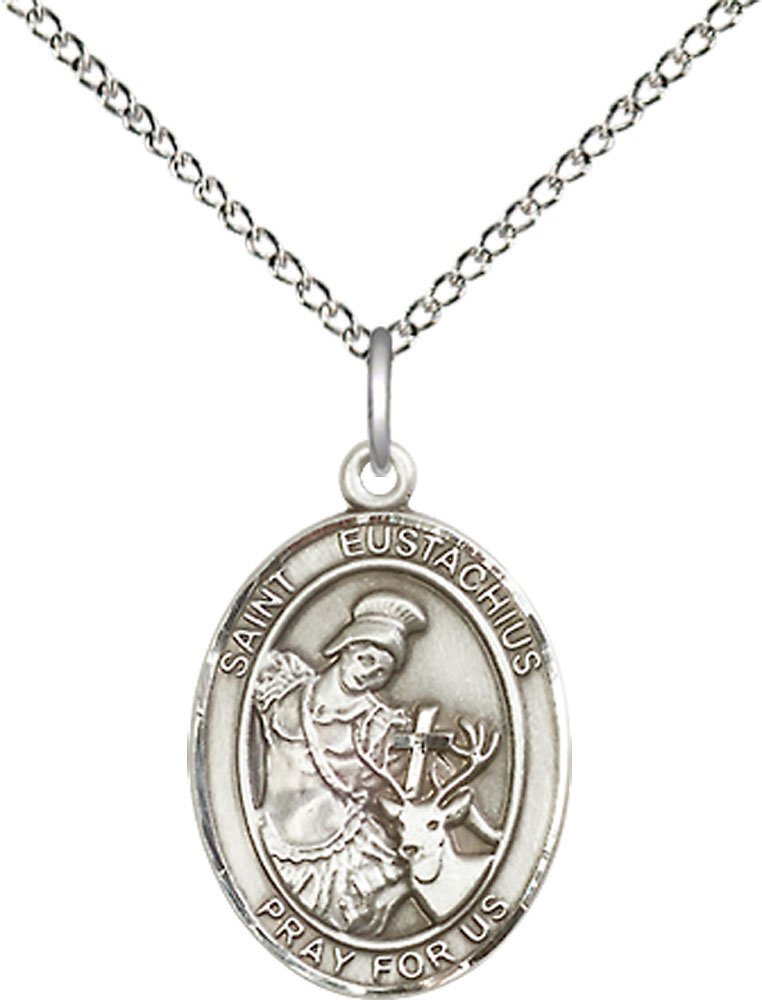 Sterling Silver Saint Eustachius Pendant on a 18 inch Sterling Silver Light Curb chain