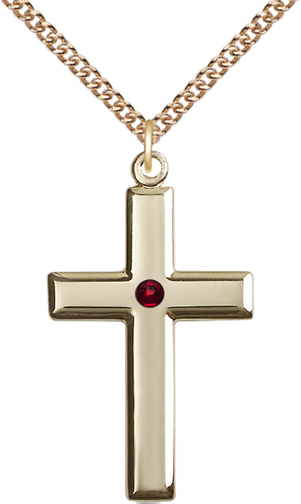 14kt Gold Filled Cross Pendant with a 3mm Garnet Swarovski stone on a 24 inch Gold Filled Heavy Curb chain
