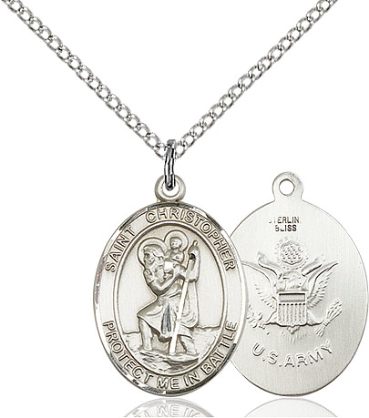 Sterling Silver Saint Christopher Army Pendant on a 18 inch Sterling Silver Light Curb chain