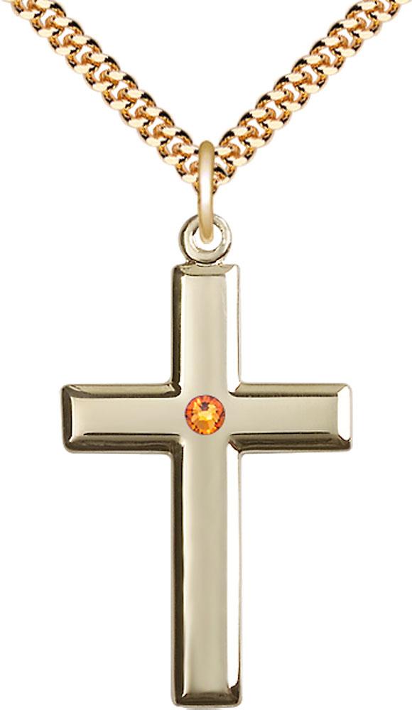14kt Gold Filled Cross Pendant with a 3mm Topaz Swarovski stone on a 24 inch Gold Plate Heavy Curb chain
