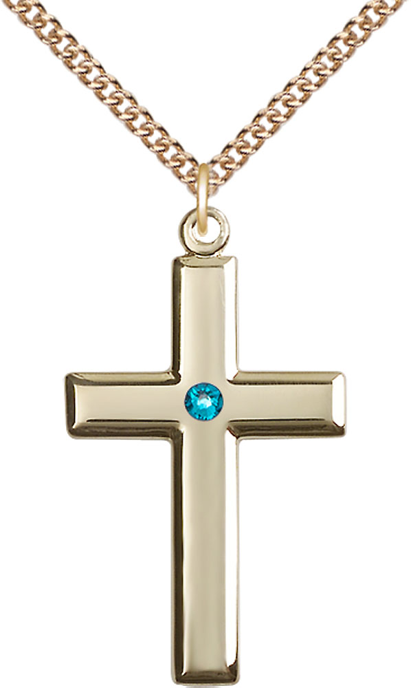 14kt Gold Filled Cross Pendant with a 3mm Zircon Swarovski stone on a 24 inch Gold Filled Heavy Curb chain