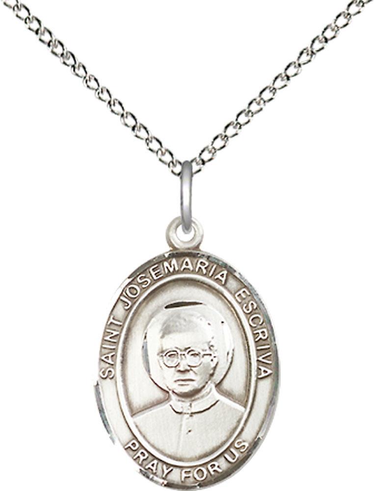 Sterling Silver Saint Josemaria Escriva Pendant on a 18 inch Sterling Silver Light Curb chain