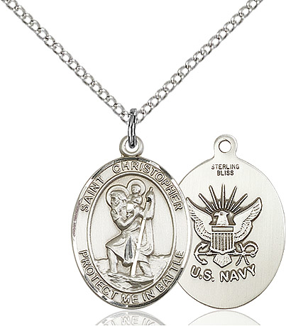 Sterling Silver Saint Christopher Navy Pendant on a 18 inch Sterling Silver Light Curb chain