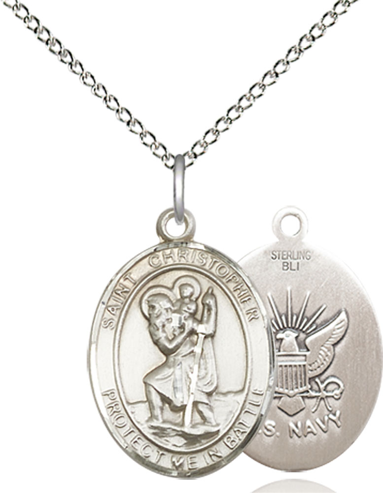 Sterling Silver Saint Christopher Navy Pendant on a 18 inch Sterling Silver Light Curb chain