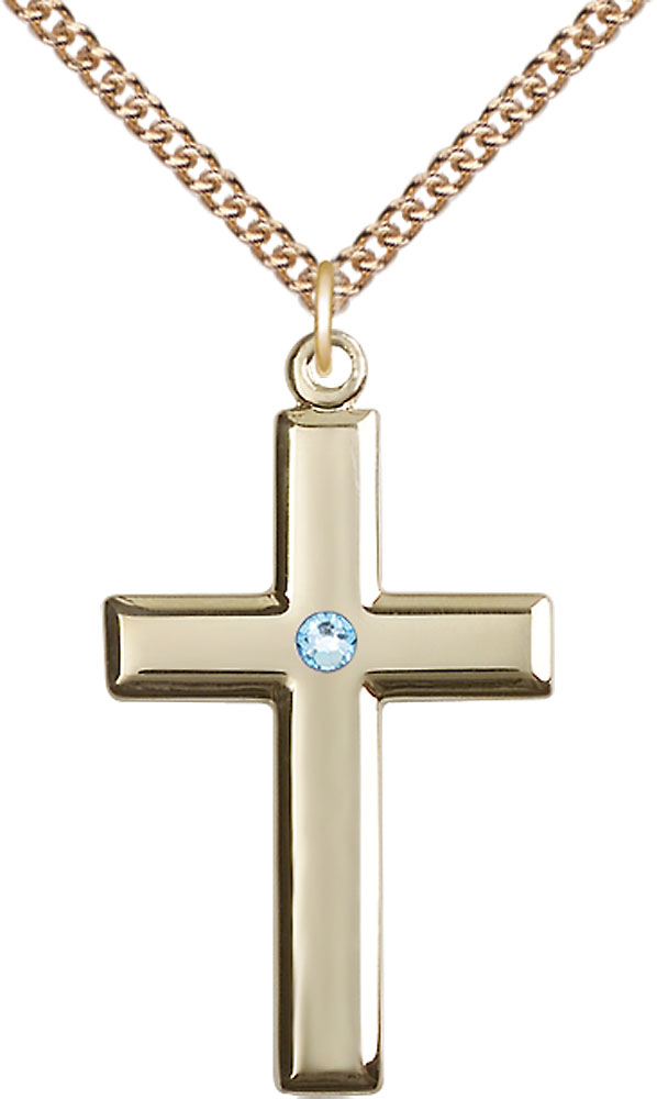14kt Gold Filled Cross Pendant with a 3mm Aqua Swarovski stone on a 24 inch Gold Filled Heavy Curb chain