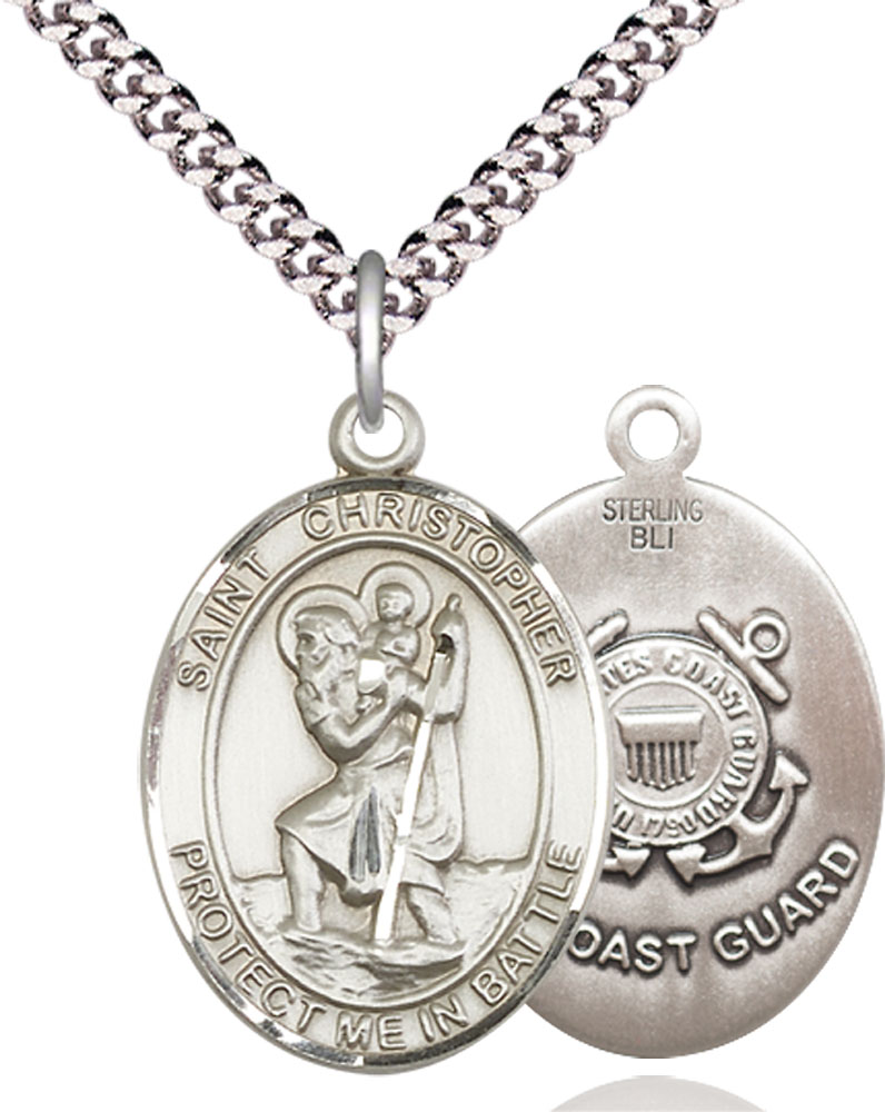 Sterling Silver Saint Christopher Coast Guard Pendant on a 24 inch Light Rhodium Heavy Curb chain