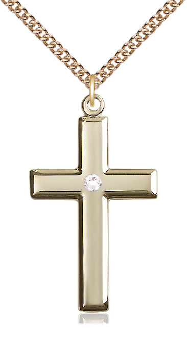 14kt Gold Filled Cross Pendant with a 3mm Crystal Swarovski stone on a 24 inch Gold Filled Heavy Curb chain