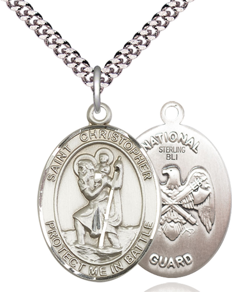 Sterling Silver Saint Christopher National Guard Pendant on a 24 inch Light Rhodium Heavy Curb chain
