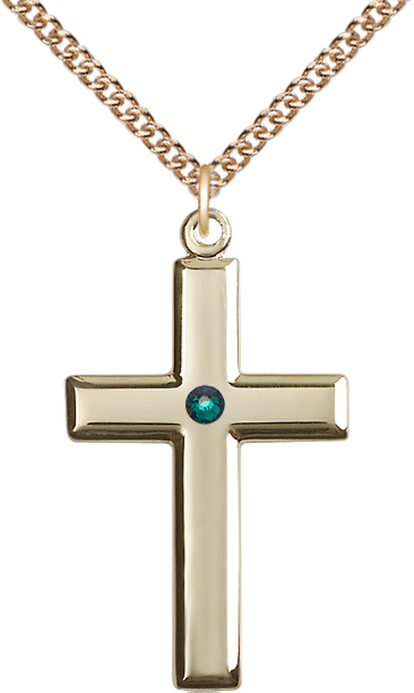 14kt Gold Filled Cross Pendant with a 3mm Emerald Swarovski stone on a 24 inch Gold Filled Heavy Curb chain