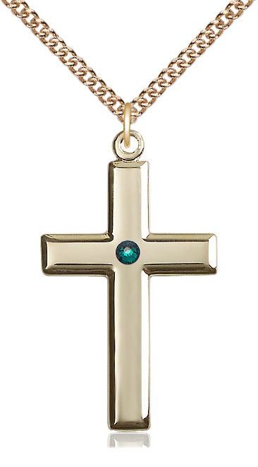 14kt Gold Filled Cross Pendant with a 3mm Emerald Swarovski stone on a 24 inch Gold Filled Heavy Curb chain