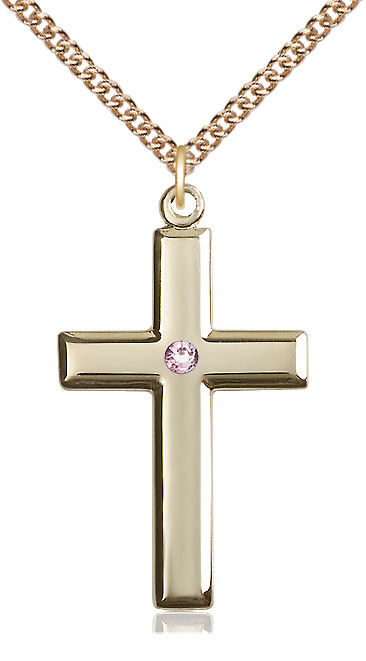 14kt Gold Filled Cross Pendant with a 3mm Light Amethyst Swarovski stone on a 24 inch Gold Filled Heavy Curb chain