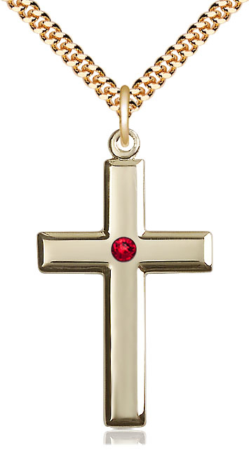 14kt Gold Filled Cross Pendant with a 3mm Ruby Swarovski stone on a 24 inch Gold Plate Heavy Curb chain
