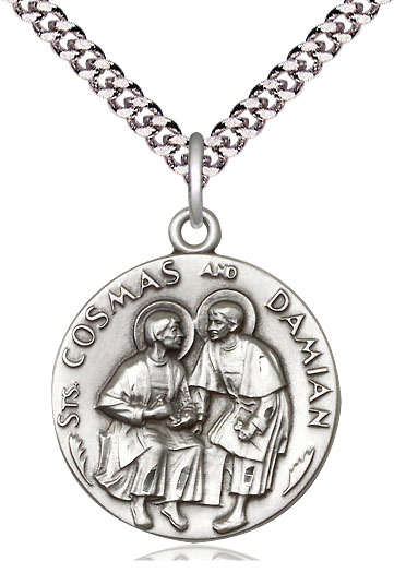 Sterling Silver Saints Cosmas &amp; Damian Pendant on a 24 inch Light Rhodium Heavy Curb chain