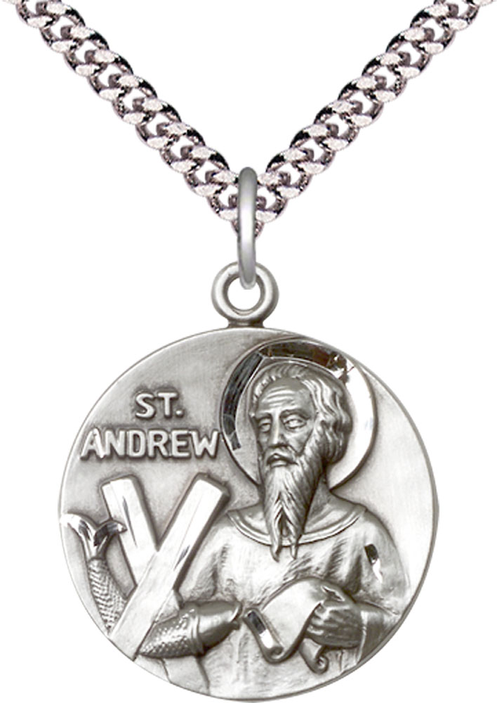 Sterling Silver Saint Andrew Pendant on a 24 inch Light Rhodium Heavy Curb chain