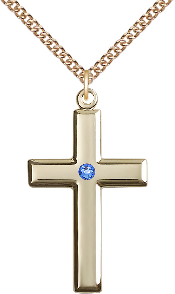 14kt Gold Filled Cross Pendant with a 3mm Sapphire Swarovski stone on a 24 inch Gold Filled Heavy Curb chain