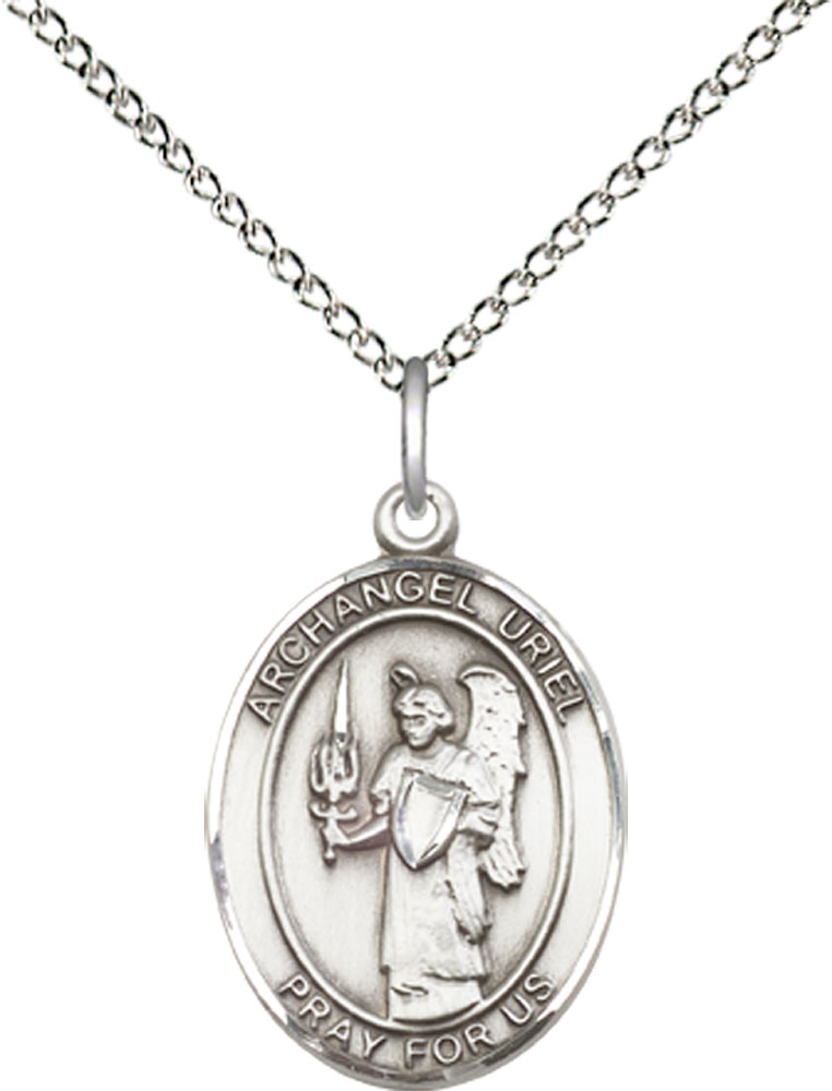 Sterling Silver Saint Uriel the Archangel Pendant on a 18 inch Sterling Silver Light Curb chain