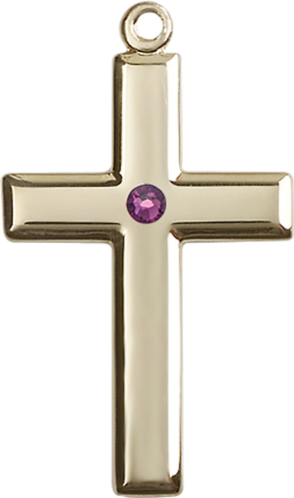 14kt Gold Cross Medal with a 3mm Amethyst Swarovski stone