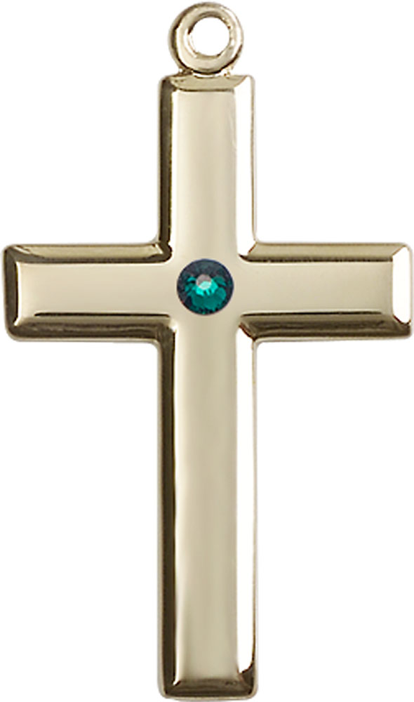 14kt Gold Cross Medal with a 3mm Emerald Swarovski stone