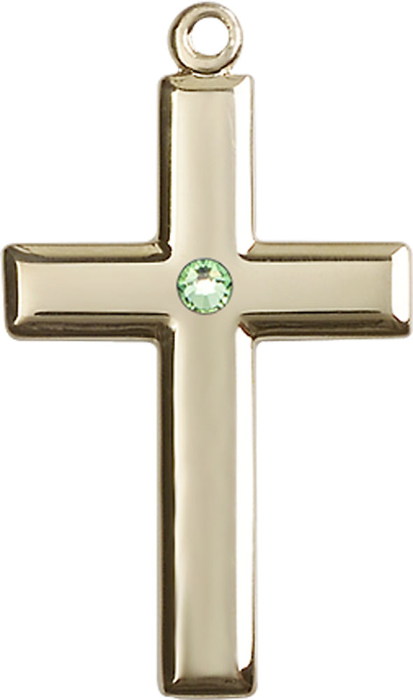 14kt Gold Cross Medal with a 3mm Peridot Swarovski stone