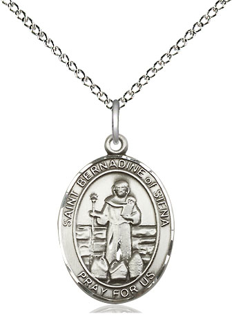Sterling Silver Saint Bernadine of Sienna Pendant on a 18 inch Sterling Silver Light Curb chain