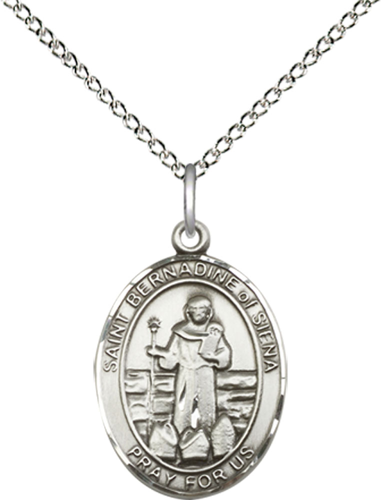 Sterling Silver Saint Bernadine of Sienna Pendant on a 18 inch Sterling Silver Light Curb chain