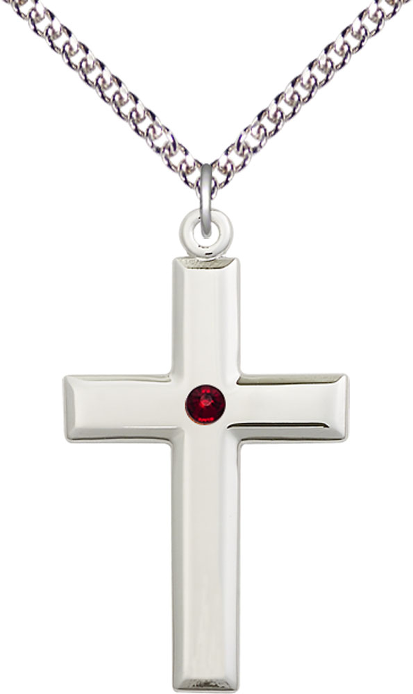 Sterling Silver Cross Pendant with a 3mm Garnet Swarovski stone on a 24 inch Sterling Silver Heavy Curb chain