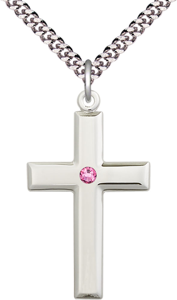 Sterling Silver Cross Pendant with a 3mm Rose Swarovski stone on a 24 inch Light Rhodium Heavy Curb chain