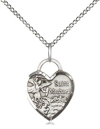 Sterling Silver Saint Michael Heart Pendant on a 18 inch Sterling Silver Light Curb chain