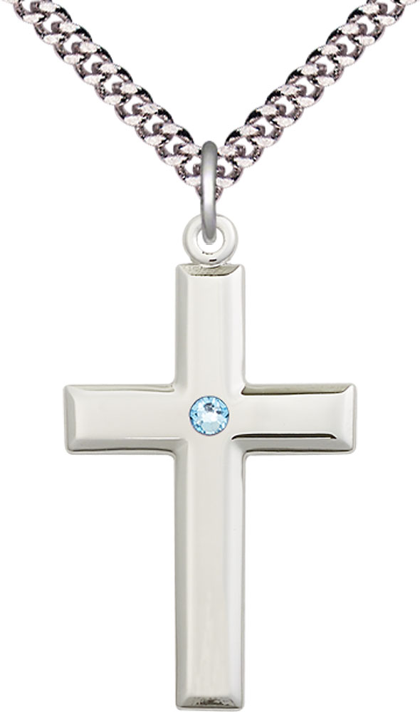 Sterling Silver Cross Pendant with a 3mm Aqua Swarovski stone on a 24 inch Light Rhodium Heavy Curb chain