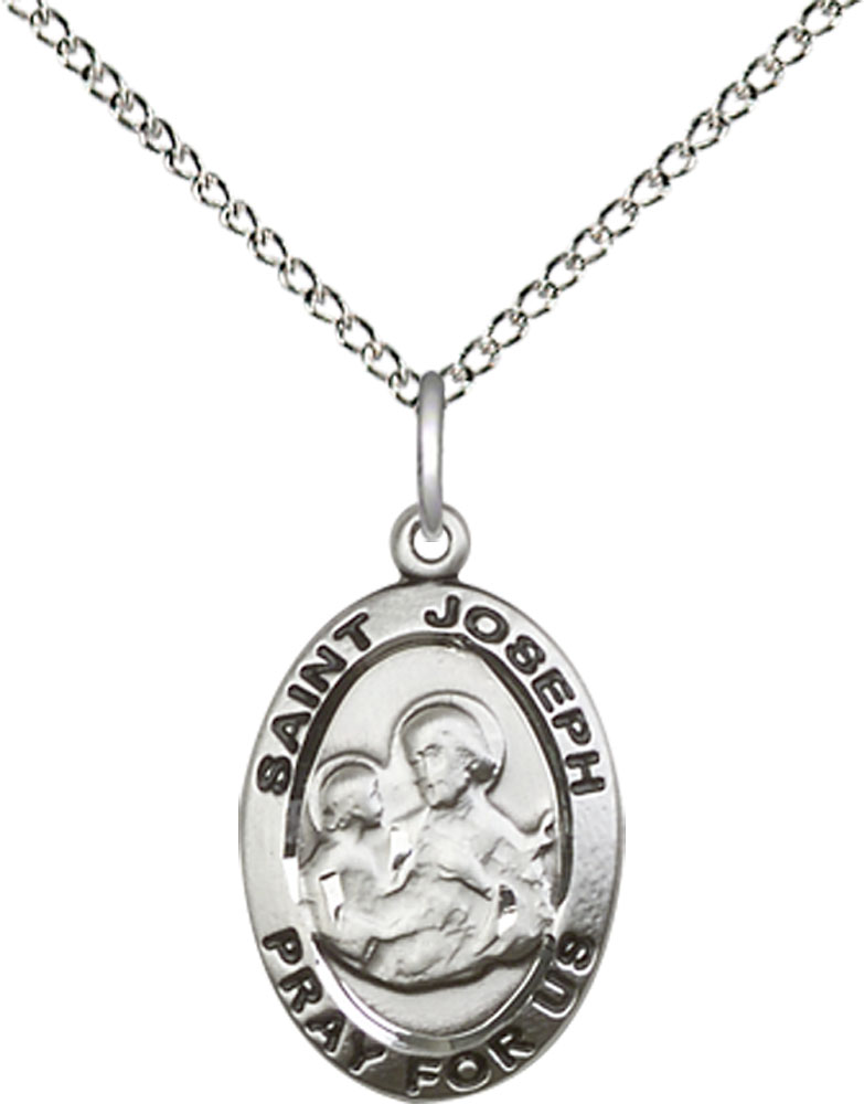 Sterling Silver Saint Joseph Pendant on a 18 inch Sterling Silver Light Curb chain