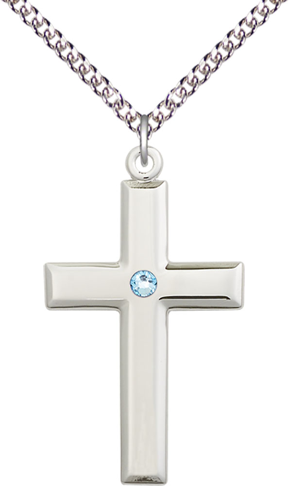 Sterling Silver Cross Pendant with a 3mm Aqua Swarovski stone on a 24 inch Sterling Silver Heavy Curb chain