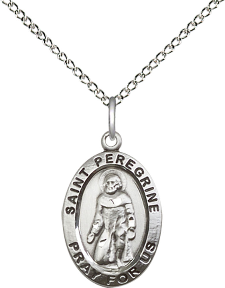 Sterling Silver Saint Peregrine Pendant on a 18 inch Sterling Silver Light Curb chain