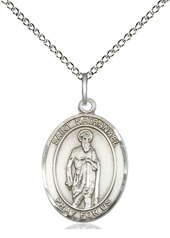 Sterling Silver Saint Nathanael Pendant on a 18 inch Sterling Silver Light Curb chain