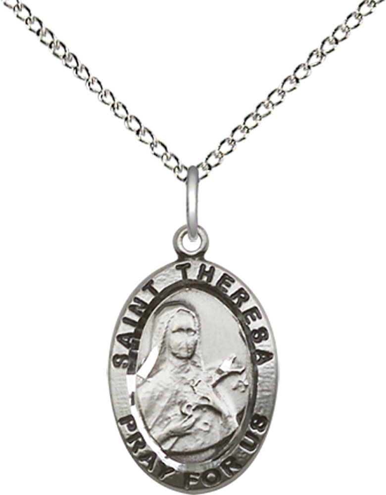 Sterling Silver Saint Theresa Pendant on a 18 inch Sterling Silver Light Curb chain