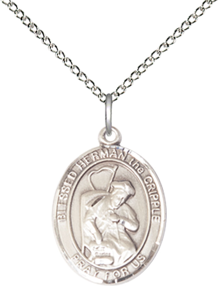 Sterling Silver Blessed Herman the Cripple Pendant on a 18 inch Sterling Silver Light Curb chain