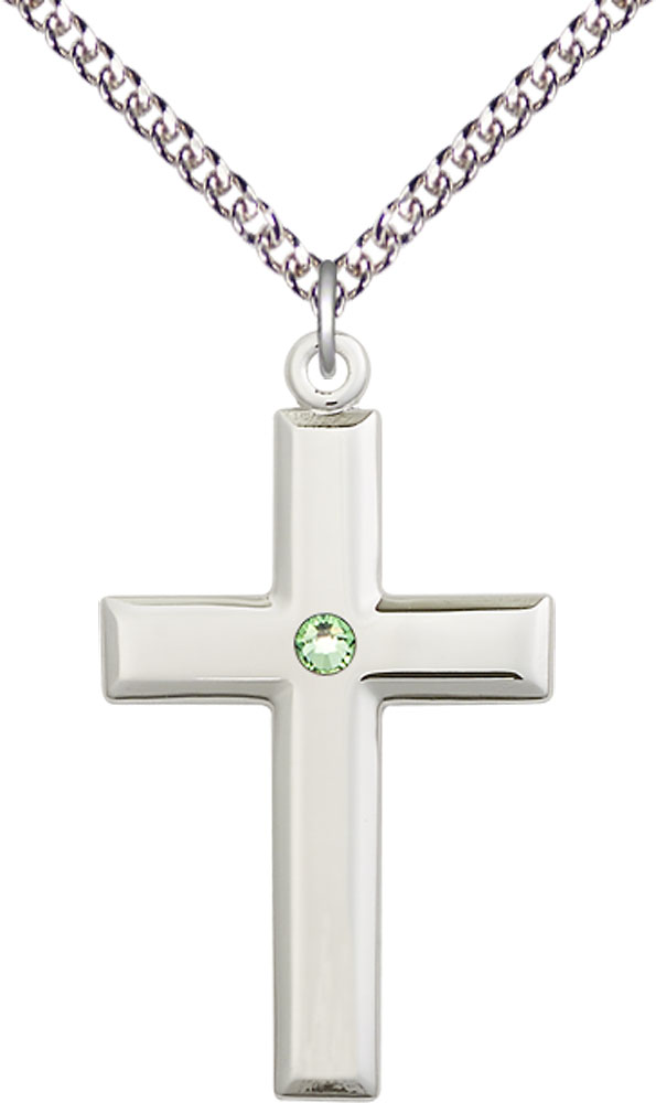 Sterling Silver Cross Pendant with a 3mm Peridot Swarovski stone on a 24 inch Sterling Silver Heavy Curb chain