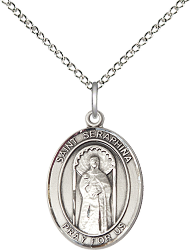 Sterling Silver Saint Seraphina Pendant on a 18 inch Sterling Silver Light Curb chain